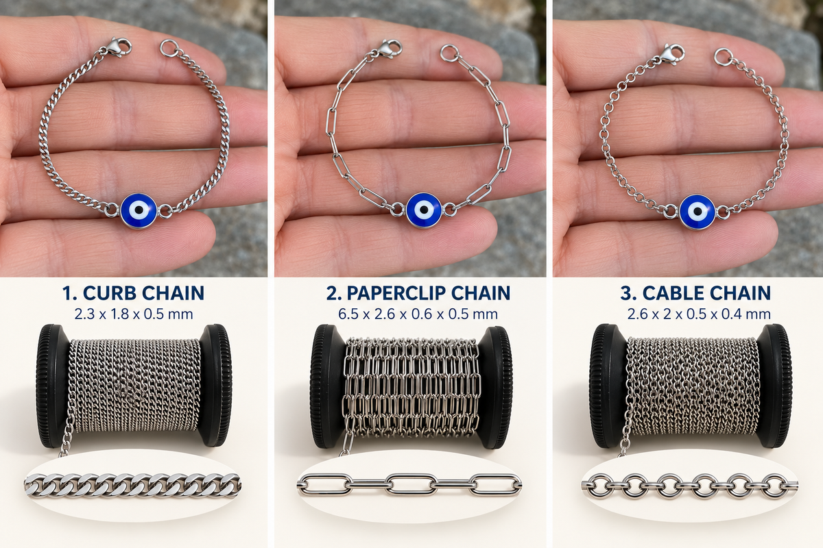 Bracelet Oeil Grec en Acier Inoxydable – Émail Bleu – Bijou Unisexe – 3 Styles de Chaînes