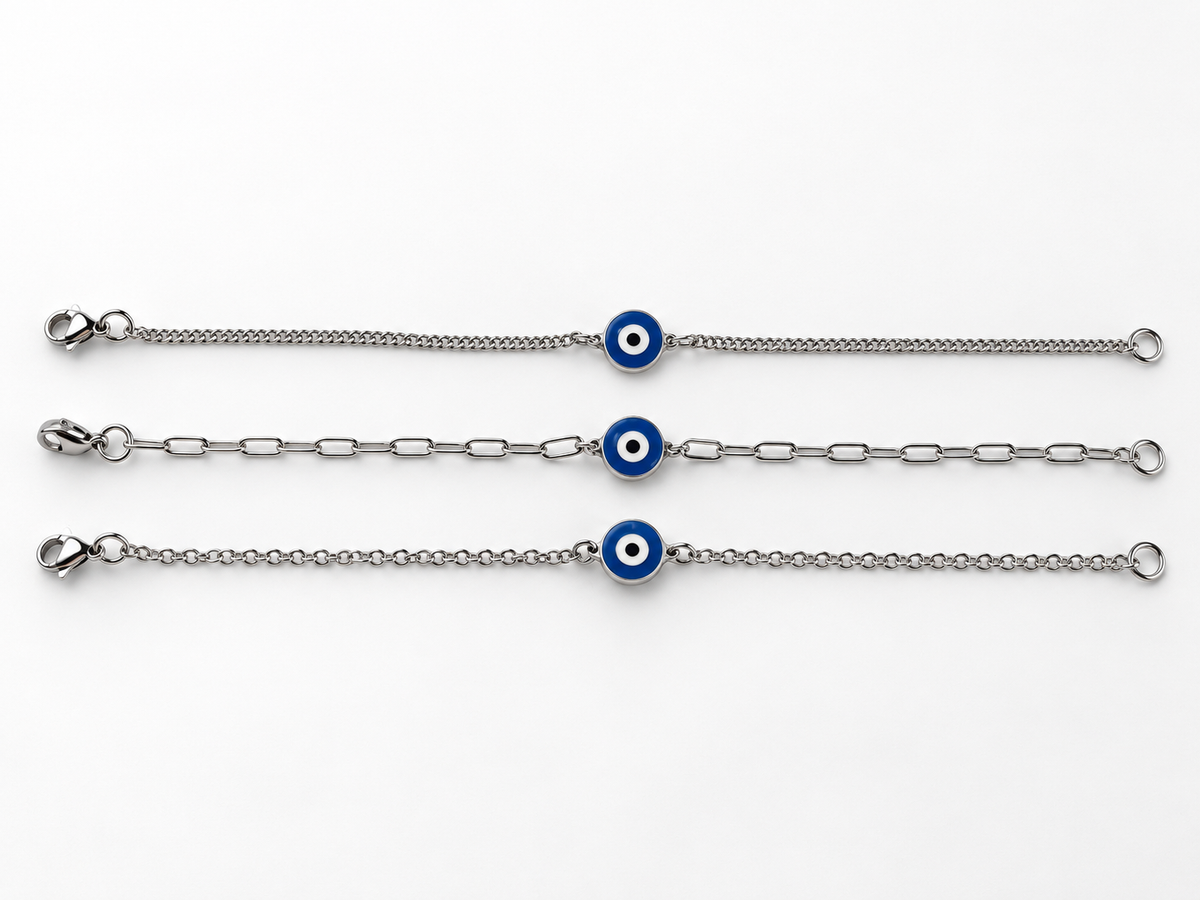 Bracelet Oeil Grec en Acier Inoxydable – Émail Bleu – Bijou Unisexe – 3 Styles de Chaînes