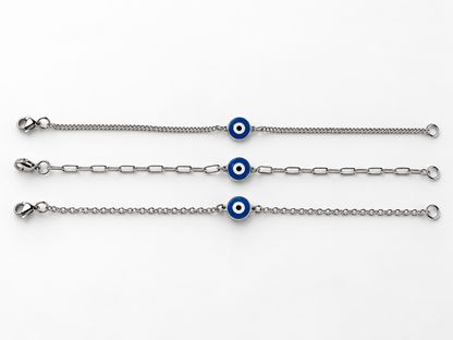 Bracelet Oeil Grec en Acier Inoxydable – Émail Bleu – Bijou Unisexe – 3 Styles de Chaînes