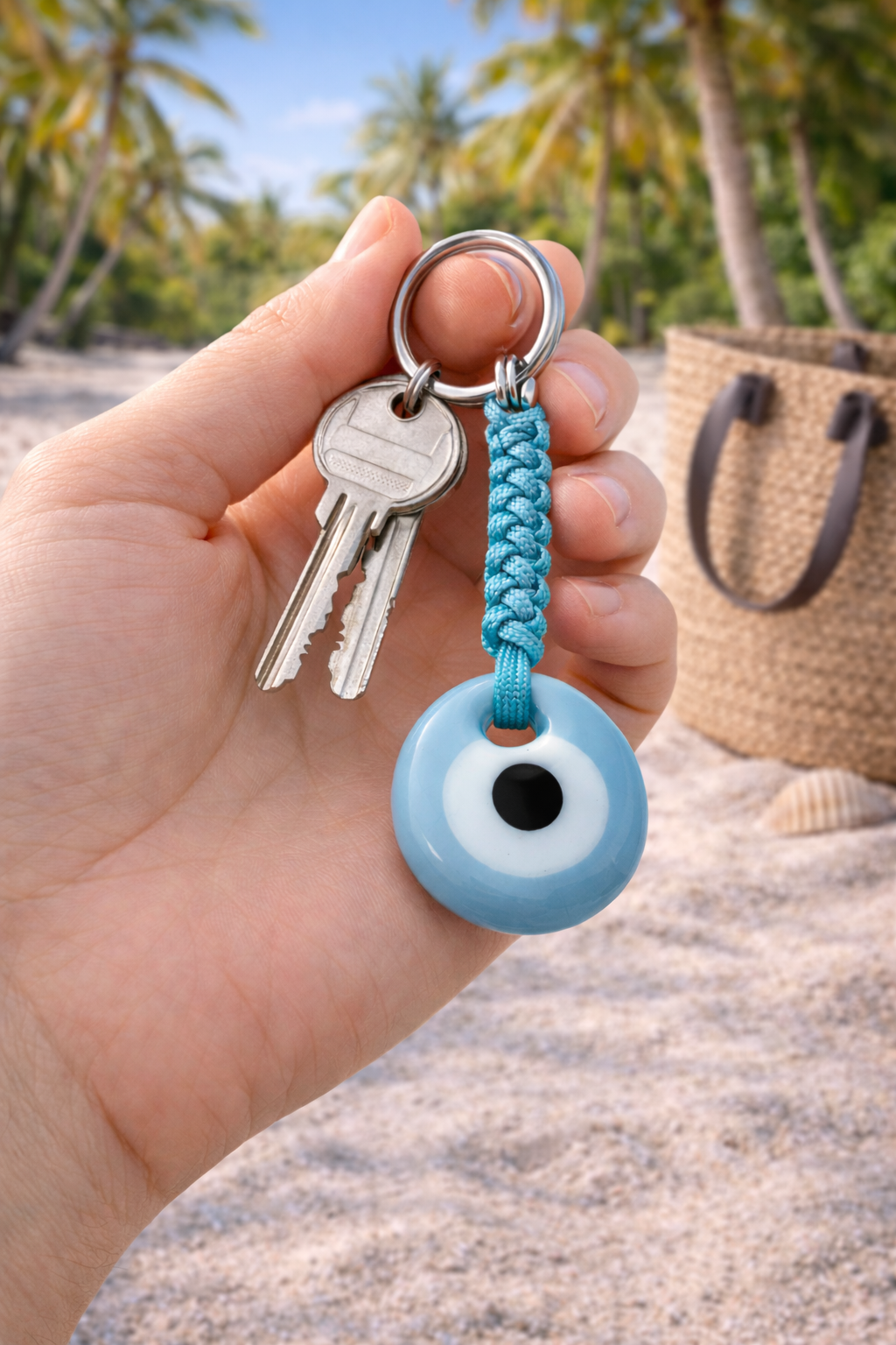 Glass Turquoise Evil Eye Keychain - Stainless Car Protection