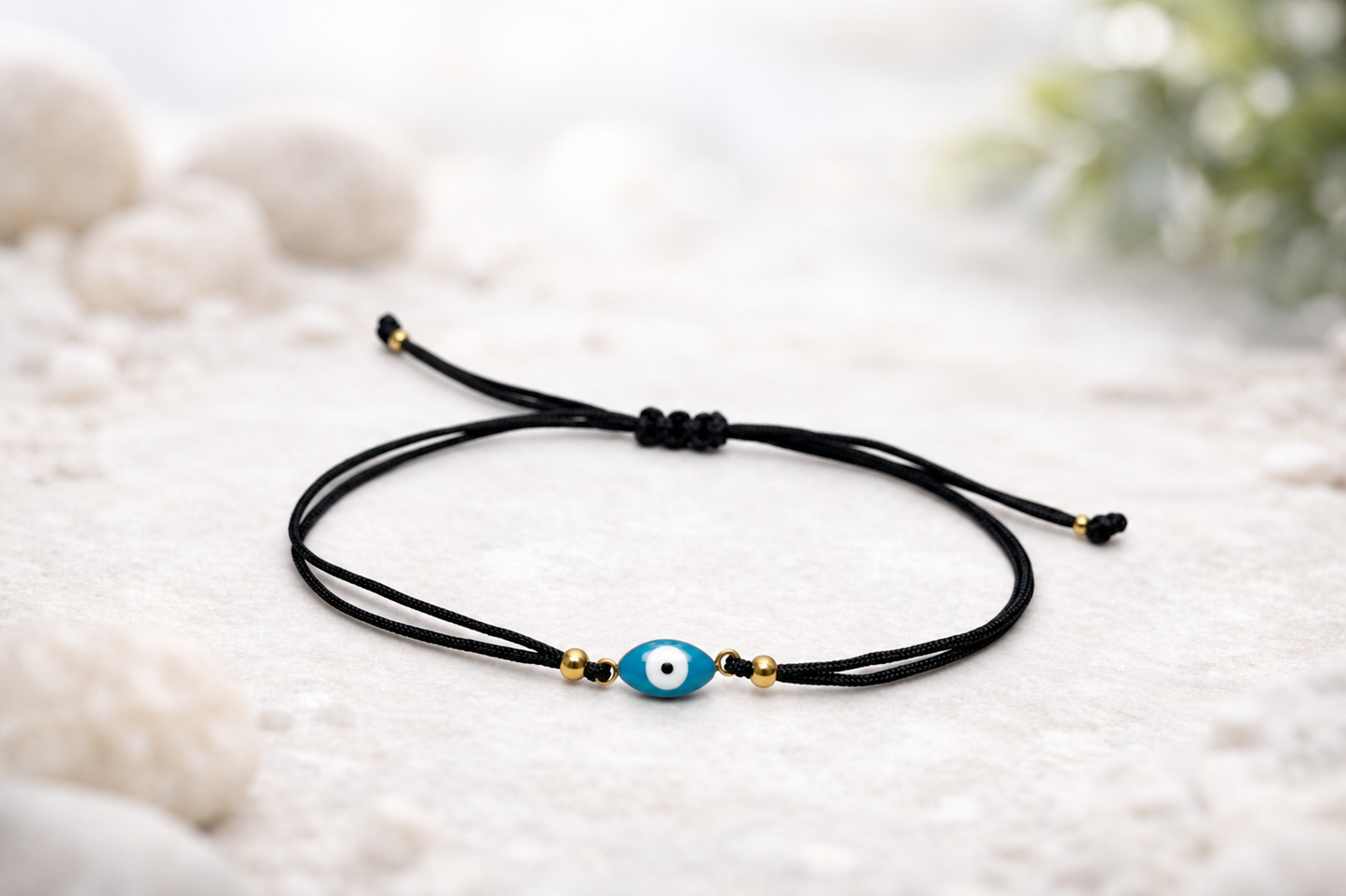 Bracelet Oeil Protecteur Ajustable – Bracelet Porte-Bonheur Œil Grec – Acier Doré Émaillé – Fil Noir – Unisexe