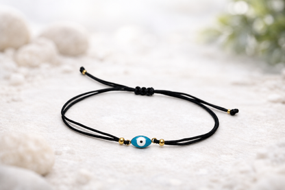 Bracelet Oeil Protecteur Ajustable – Bracelet Porte-Bonheur Œil Grec – Acier Doré Émaillé – Fil Noir – Unisexe