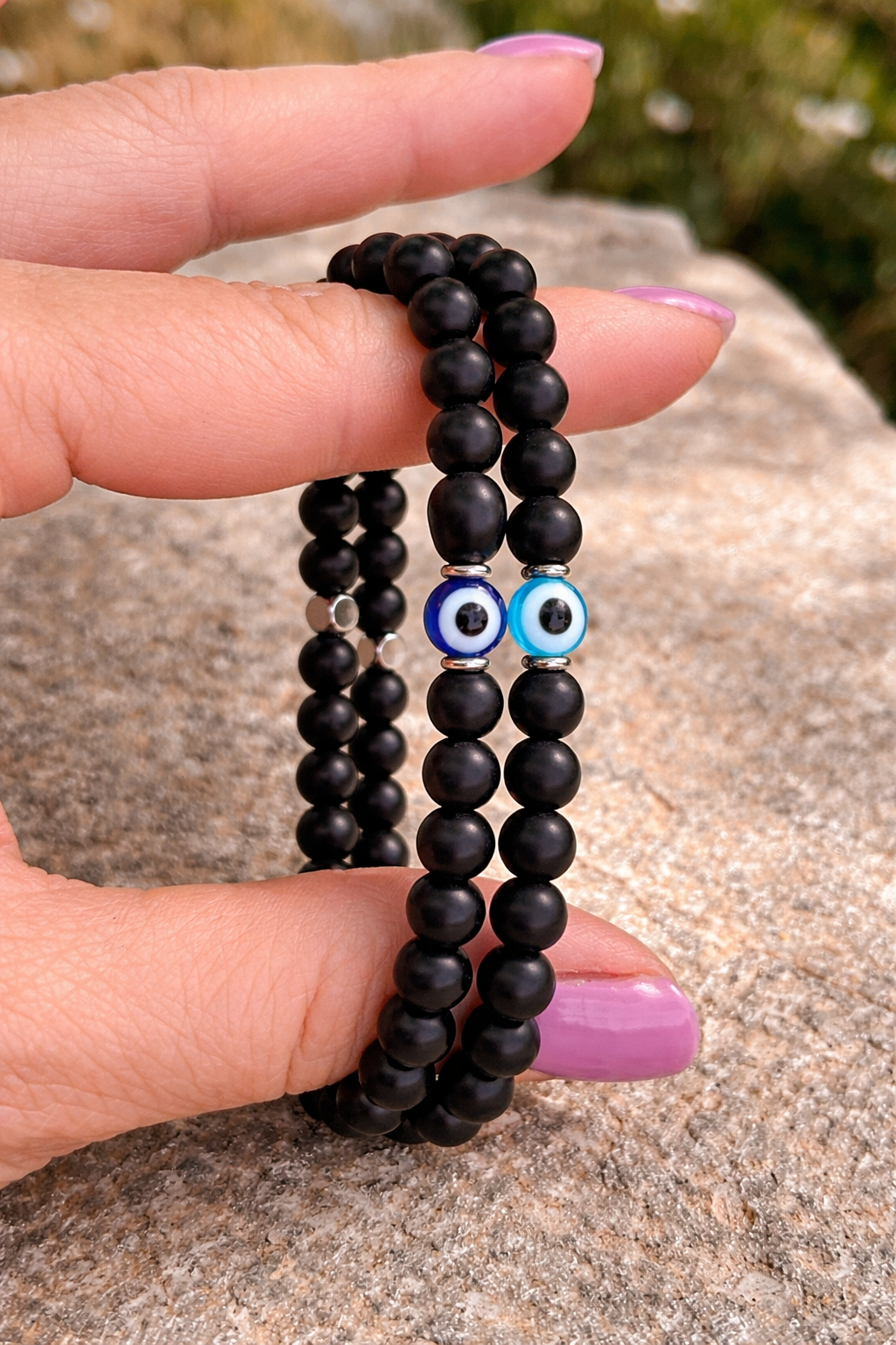 Bracelet En Onyx Noir Avec Oeil Bleu Protecteur – Bracelet Elastique Homme Femme – Bijou Porte-Bonheur