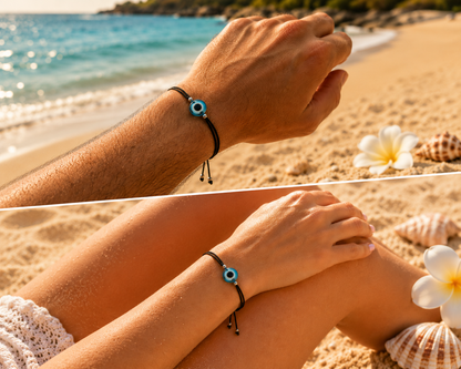 Turquoise evil eye Greek bracelet on a wrist