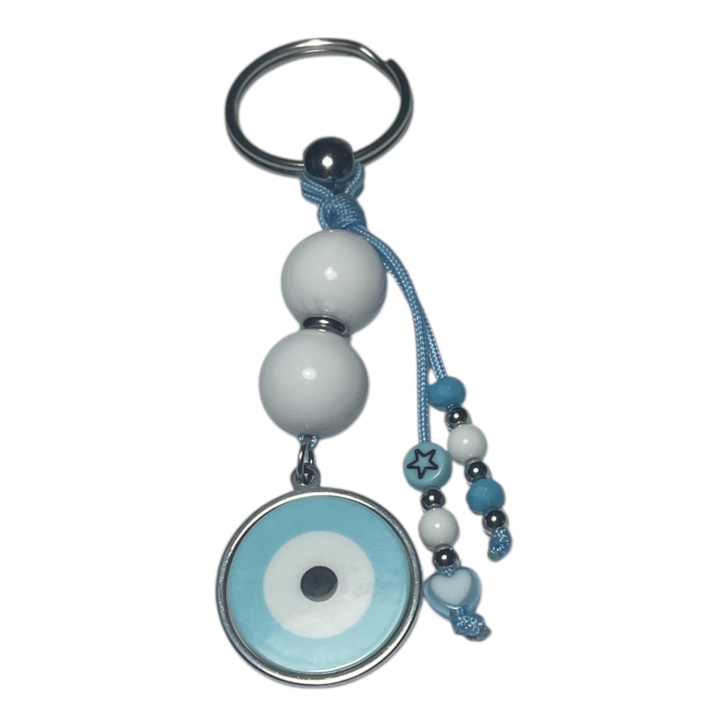 Keychain with beads and a circular charm on a white background