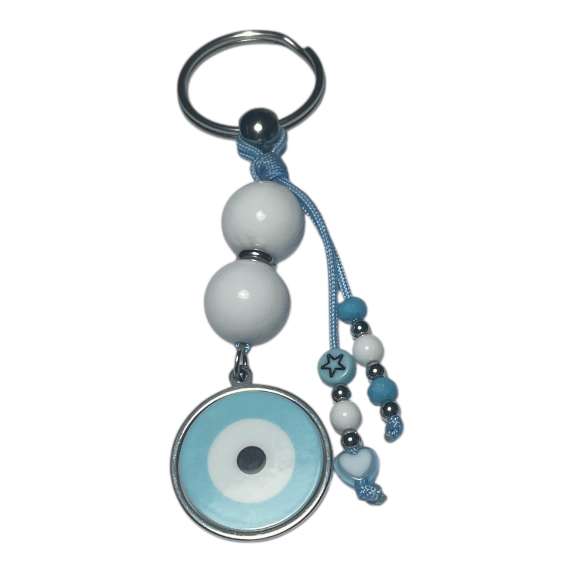 Keychain with beads and a circular charm on a white background