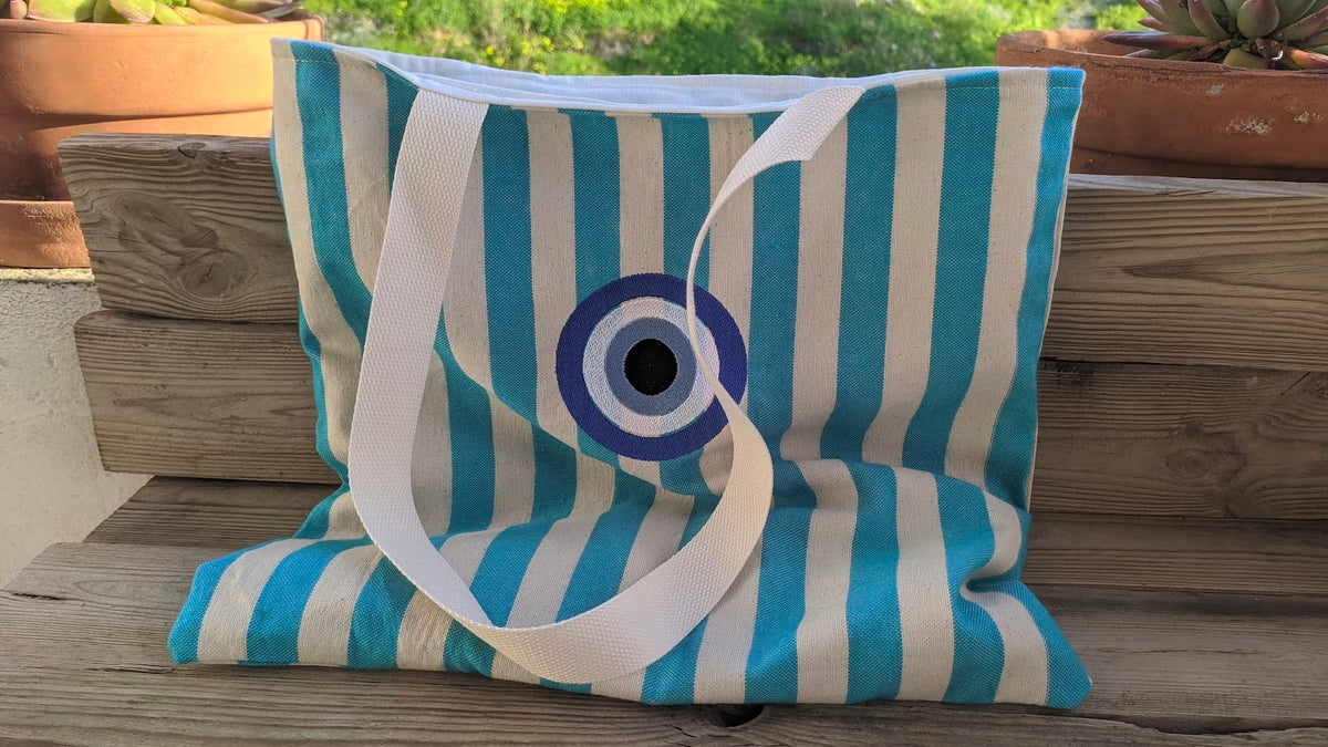 Striped Canvas Tote Bag | Embroidered Summer Bag | Greek Gift