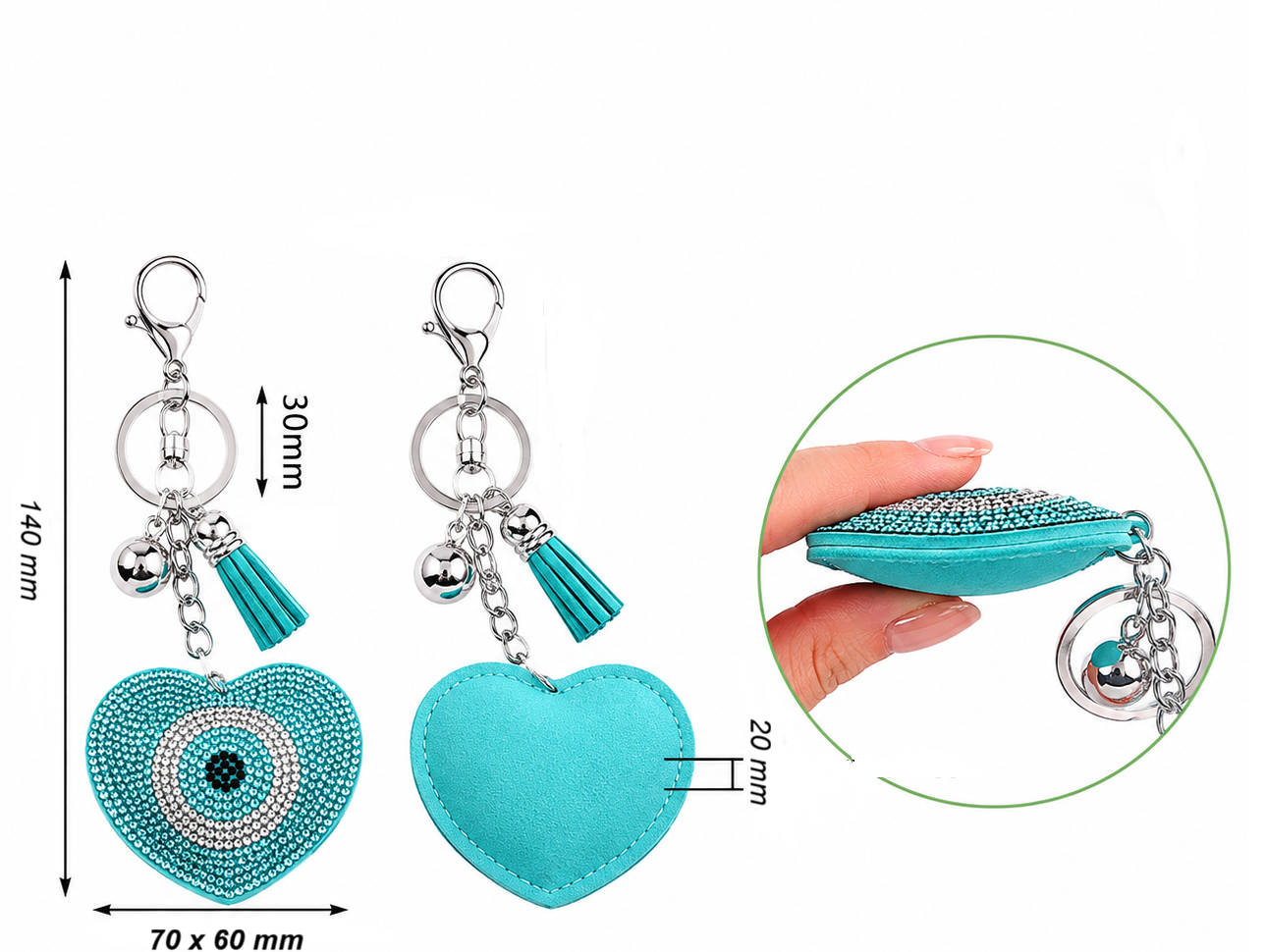 Turquoise heart-shaped keychain with evil eye design and tassels, shown with measurements and a hand holding it.