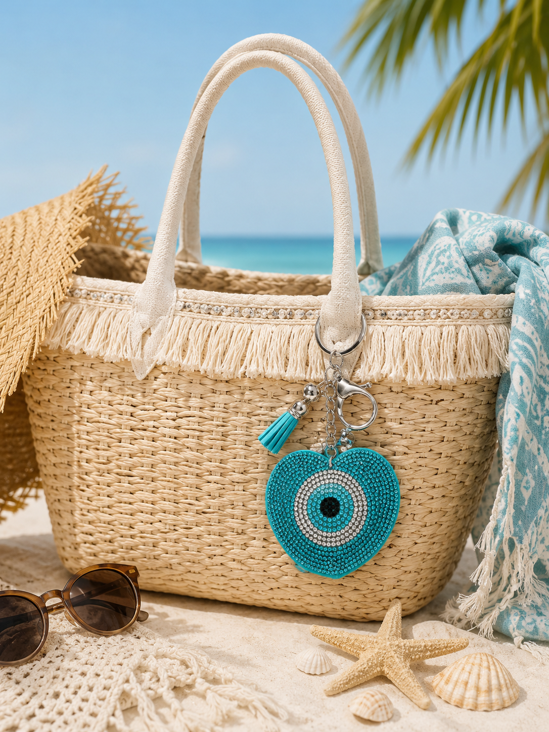 Woven beach bag with decorative keychain on sand, palm tree in background