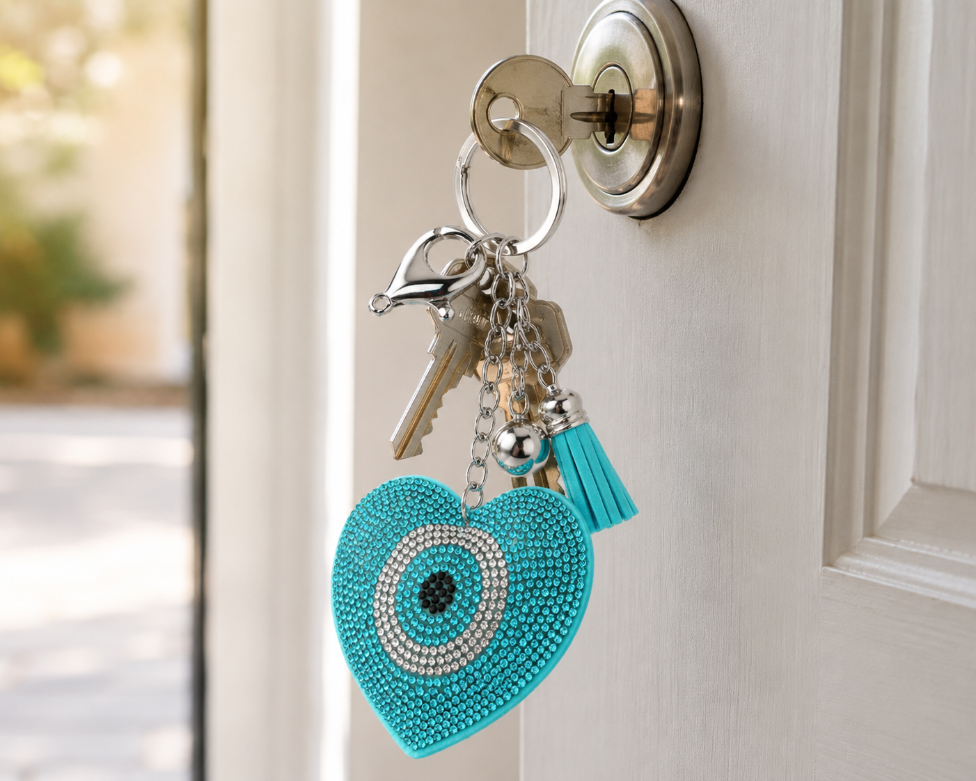 Turquoise heart-shaped keychain with beads and tassel attached to a key on a door.