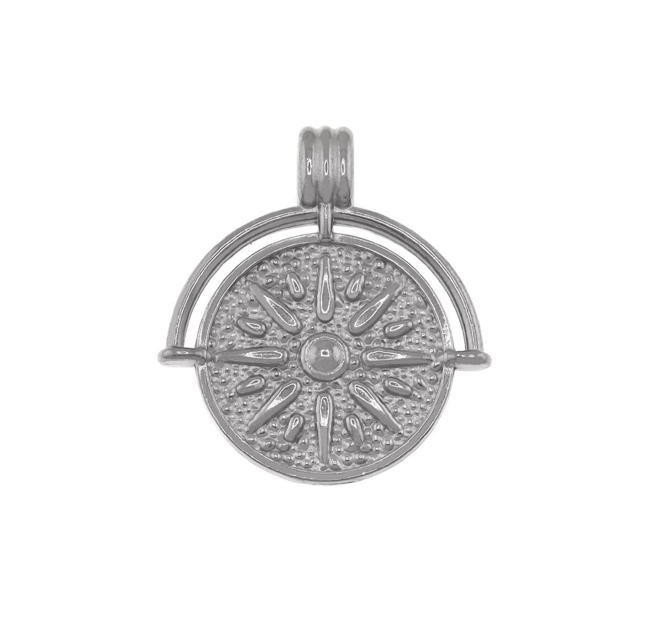 A silver-toned circular pendant charm featuring a textured sunburst design with a central loop at the top, shown against a plain white background.