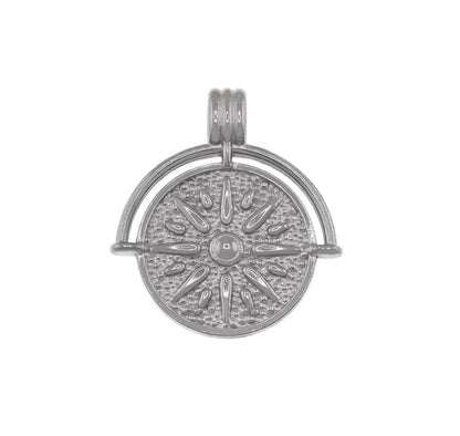 A silver-toned circular pendant charm featuring a textured sunburst design with a central loop at the top, shown against a plain white background.