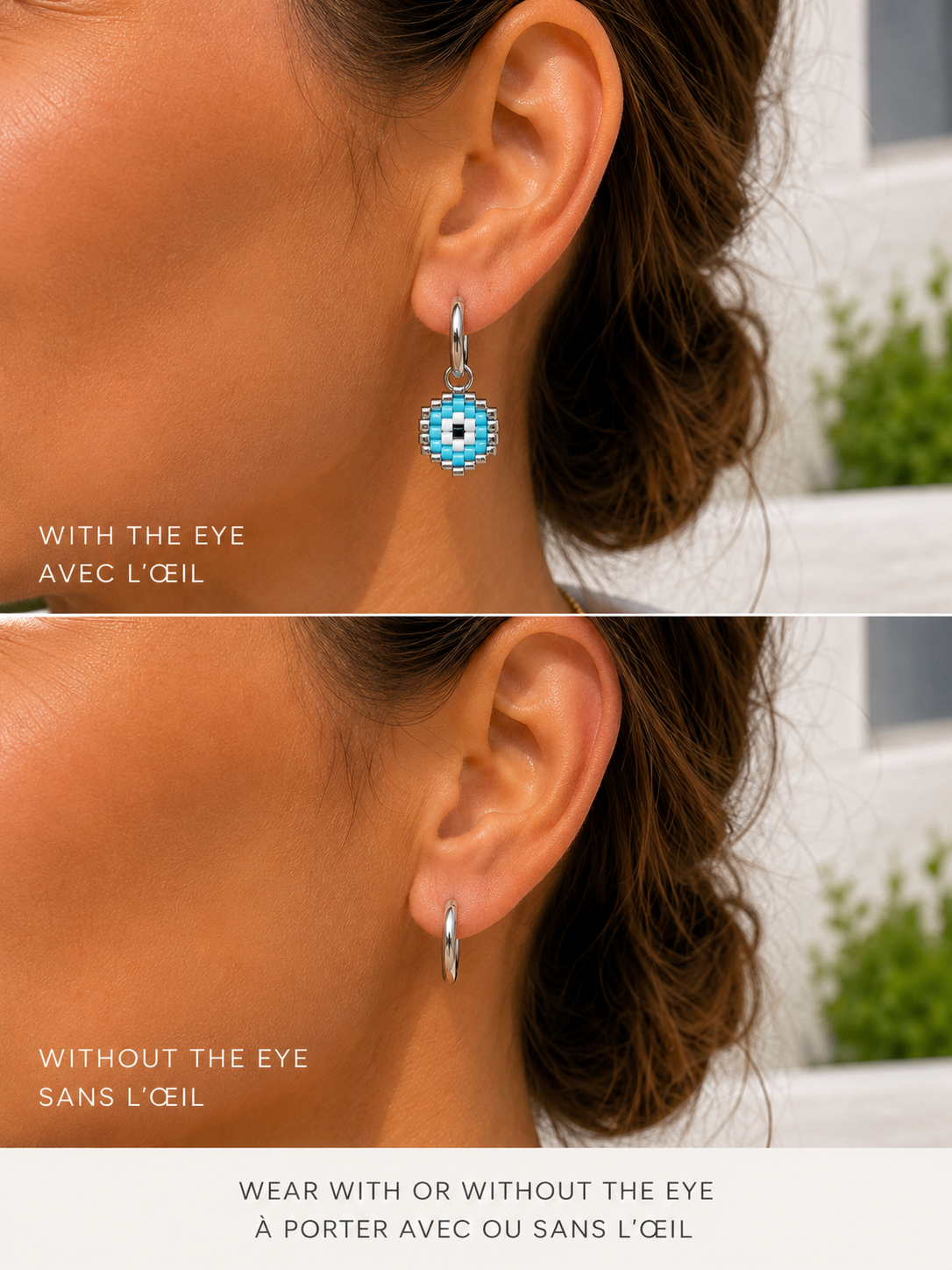 A split comparison showing a woman's ear wearing two styles of earrings: a silver huggie hoop with a blue and white evil eye charm on top, and just the silver hoop on the bottom. Text reads 'WITH THE EYE', 'WITHOUT THE EYE', and 'WEAR WITH OR WITHOUT THE EYE'.