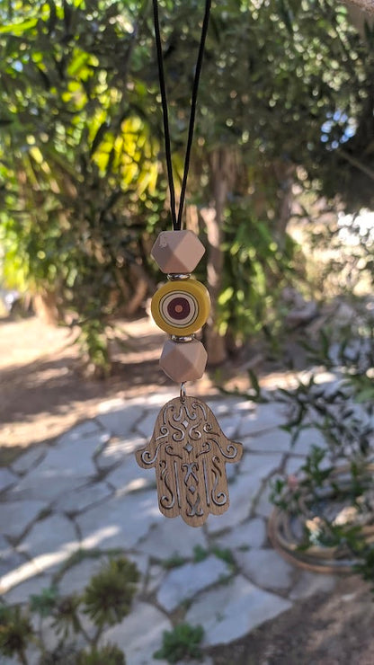 Wooden Hamsa Evil Eye Mirror Charm - New Driver Gift