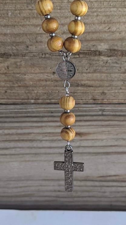 Wooden Rosary Car Charm - Stainless Steel Cross, Rearview Mirror Accessory