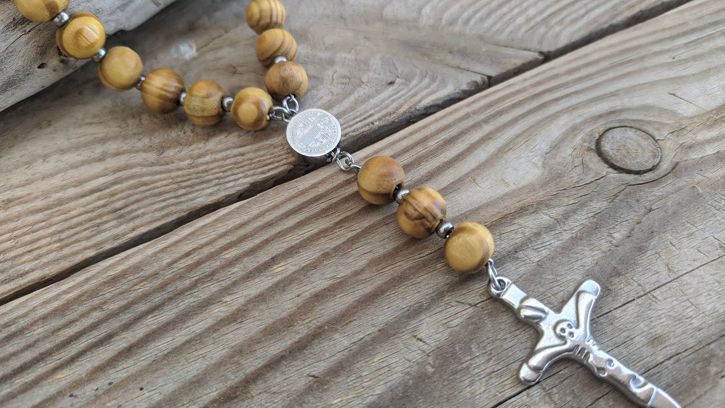 Wooden Rosary Car Charm - Stainless Steel Cross, Rearview Mirror Accessory