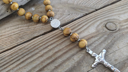 Wooden Rosary Car Charm - Stainless Steel Cross, Rearview Mirror Accessory