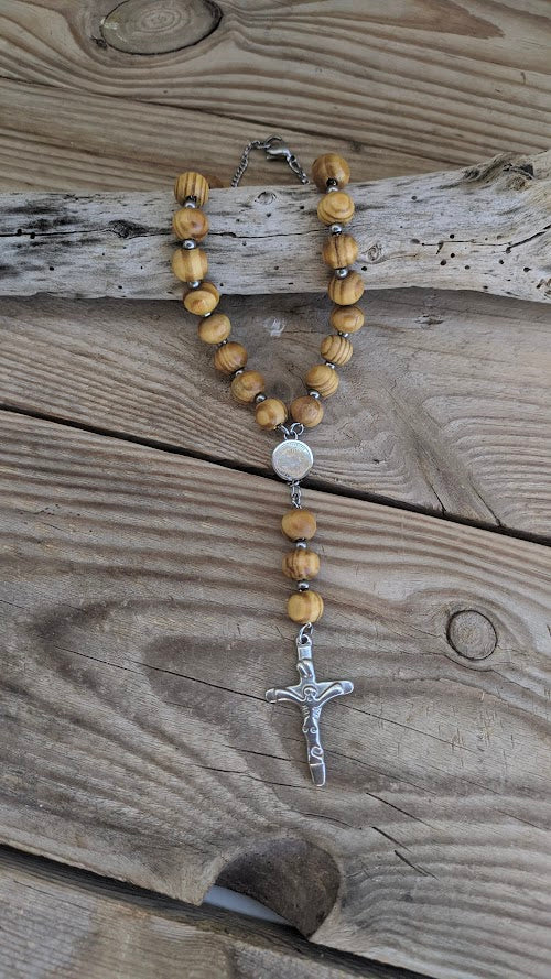Wooden Rosary Car Charm - Stainless Steel Cross, Rearview Mirror Accessory