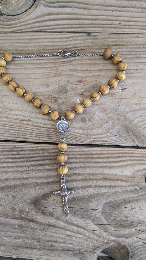 Wooden Rosary Car Charm - Stainless Steel Cross, Rearview Mirror Accessory