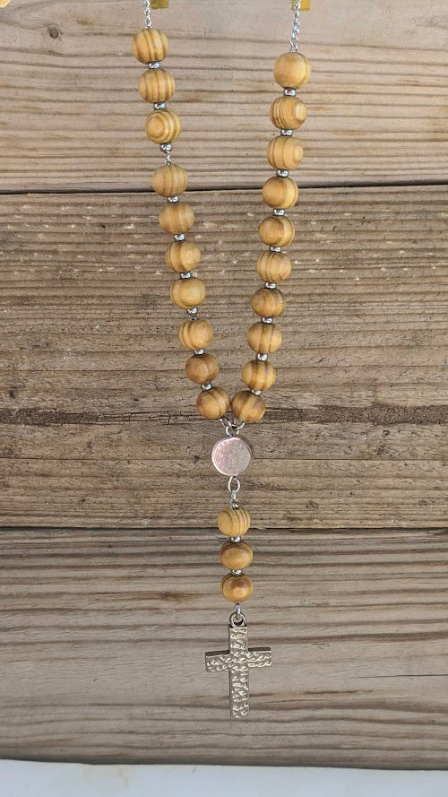 Wooden Rosary Car Charm - Stainless Steel Cross, Rearview Mirror Accessory