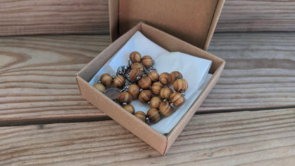 Wooden Rosary Car Charm - Stainless Steel Cross, Rearview Mirror Accessory