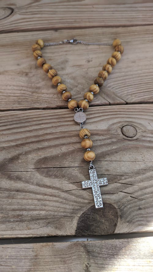 Wooden Rosary Car Charm - Stainless Steel Cross, Rearview Mirror Accessory