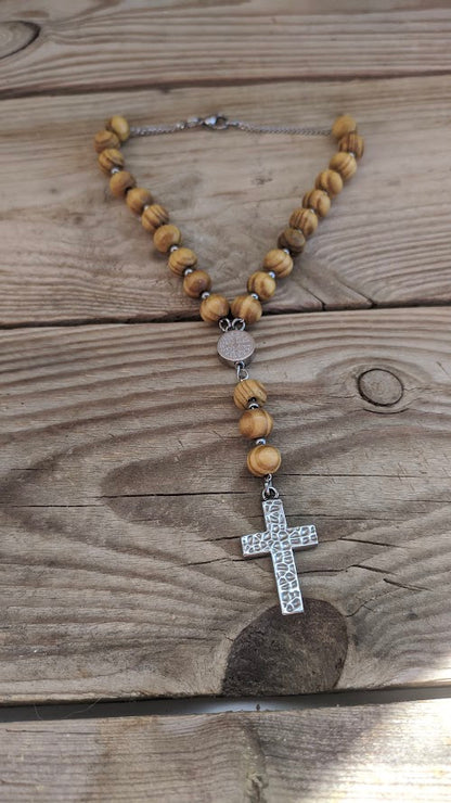 Wooden Rosary Car Charm - Stainless Steel Cross, Rearview Mirror Accessory
