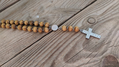 Wooden Rosary Car Charm - Stainless Steel Cross, Rearview Mirror Accessory