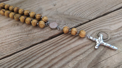 Wooden Rosary Car Charm - Stainless Steel Cross, Rearview Mirror Accessory