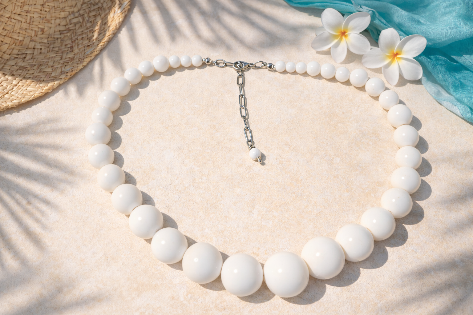 White beaded necklace on a sandy surface with flowers and a hat in the background
