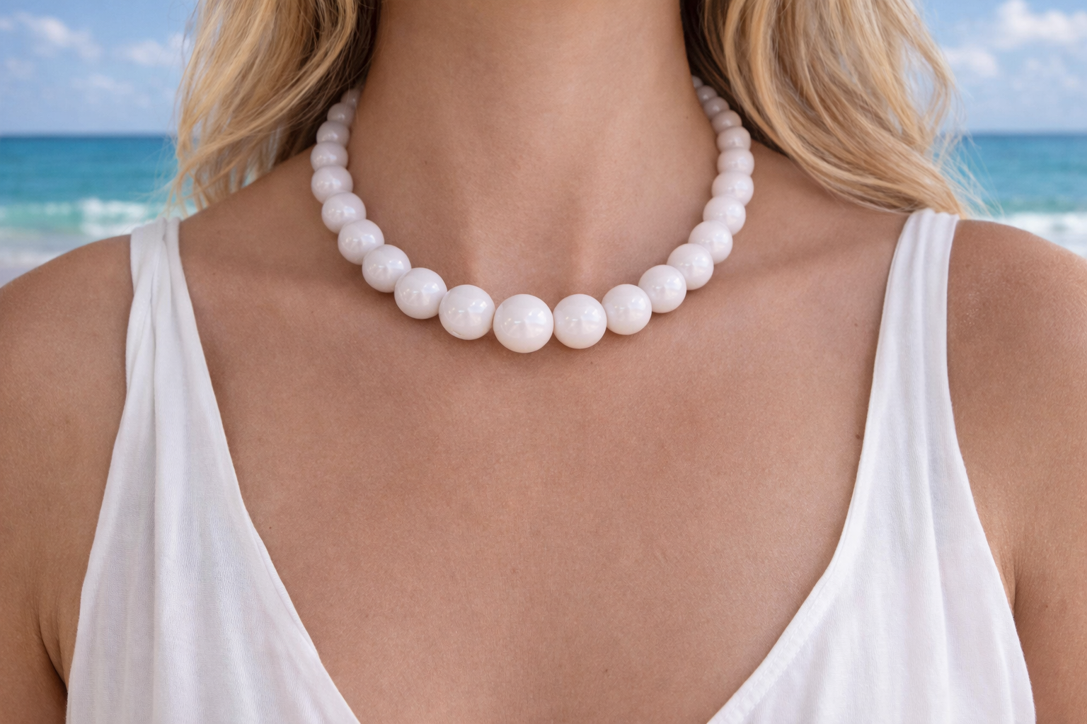 Person wearing a pearl necklace with a beach in the background
