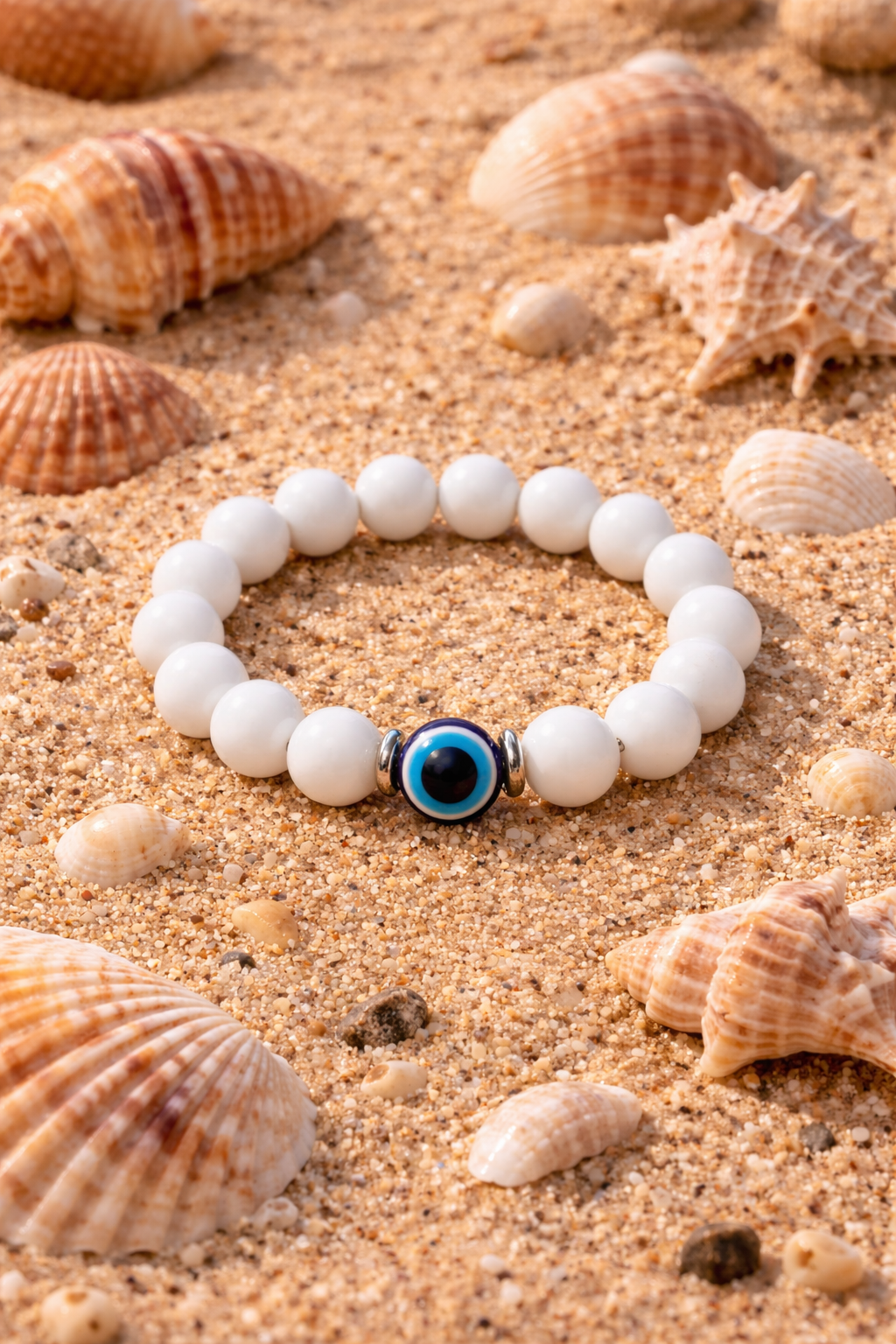 Elegant evil eye beaded bracelet on the beach