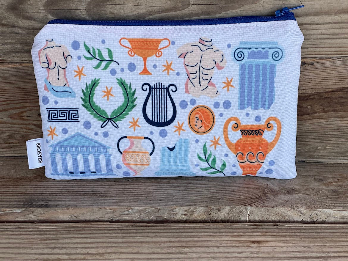 polyester zip pouch with illustrations of Greece