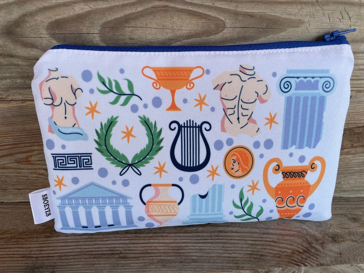 polyester zip pouch with illustrations of Greece