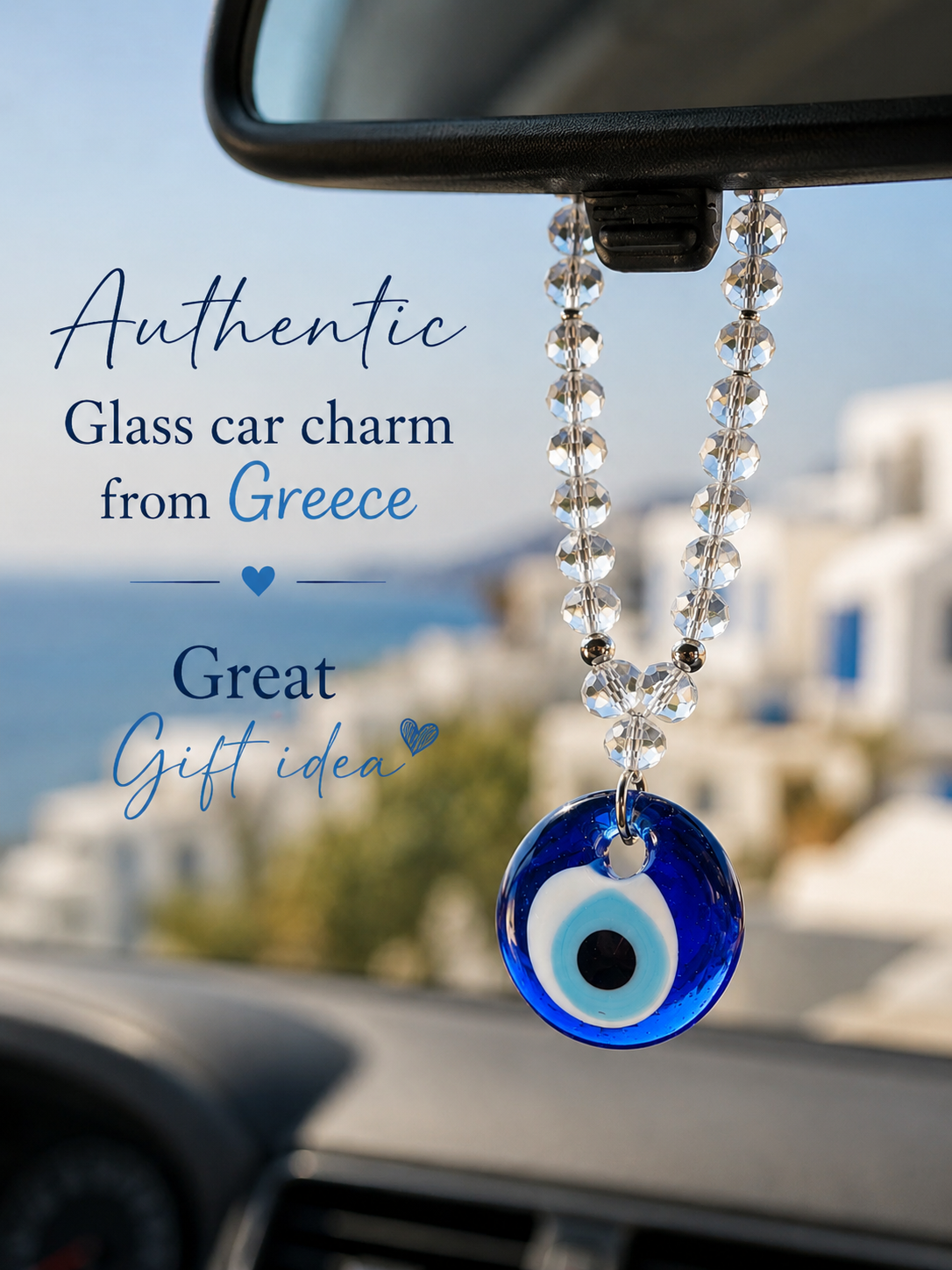 Greek Evil Eye Car Charm, Authentic Glass Nazar, Rearview Mirror Hanging, Crystal Beads,