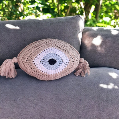 Handmade Cycladic Evil Eye Cushion – Crochet Design with Tassel Details