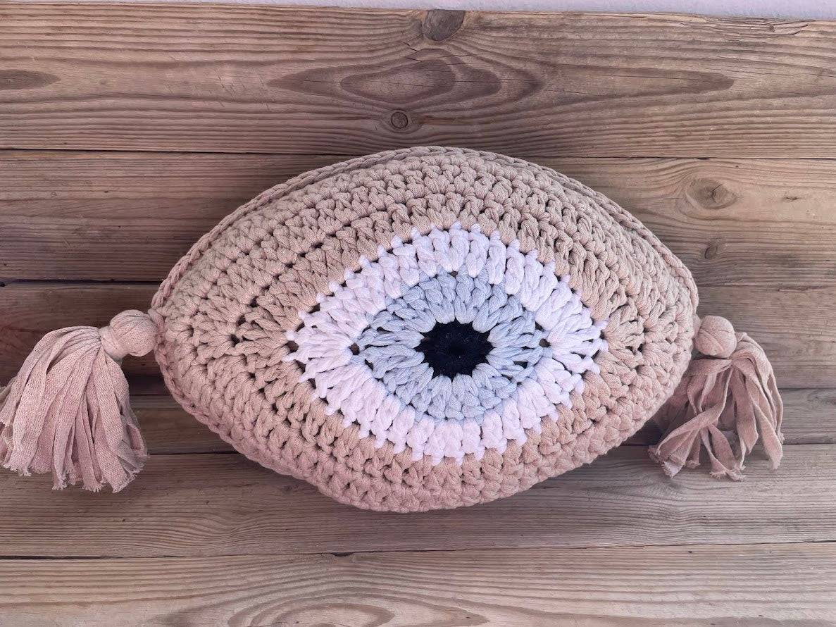 Handmade Cycladic Evil Eye Cushion – Crochet Design with Tassel Details