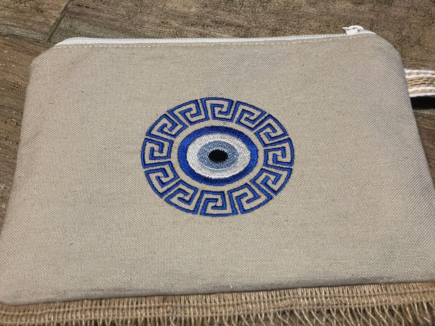 Handmade Evil Eye Zipper Pouch With Greek Meander Design