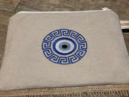 Handmade Evil Eye Zipper Pouch With Greek Meander Design