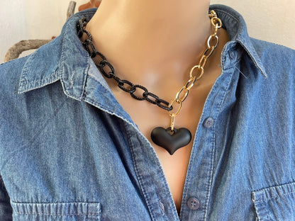 Heart Necklace - Heart Statement Necklace - Large Black Puffed Heart Necklace