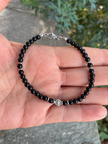 Bracelet Homme Onyx Noir Mat & Acier Inoxydable – Charm Oeil Protecteur