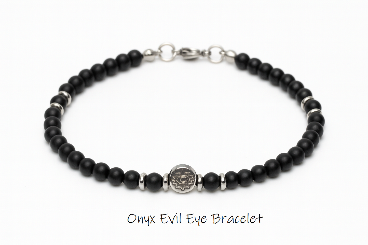 Bracelet Homme Onyx Noir Mat & Acier Inoxydable – Charm Oeil Protecteur