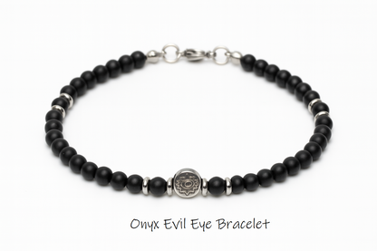 Bracelet Homme Onyx Noir Mat & Acier Inoxydable – Charm Oeil Protecteur