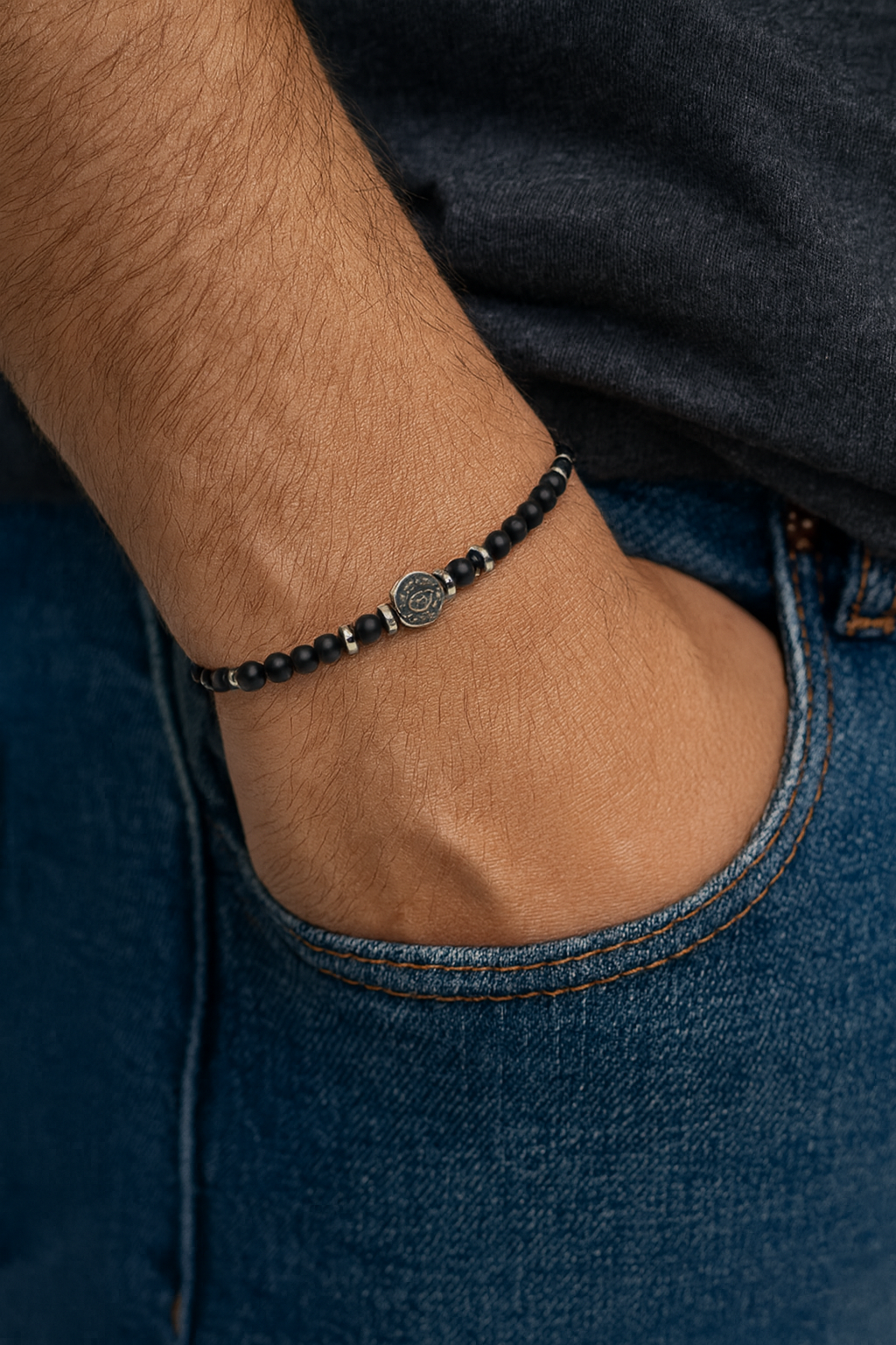 Bracelet Homme Onyx Noir Mat & Acier Inoxydable – Charm Oeil Protecteur