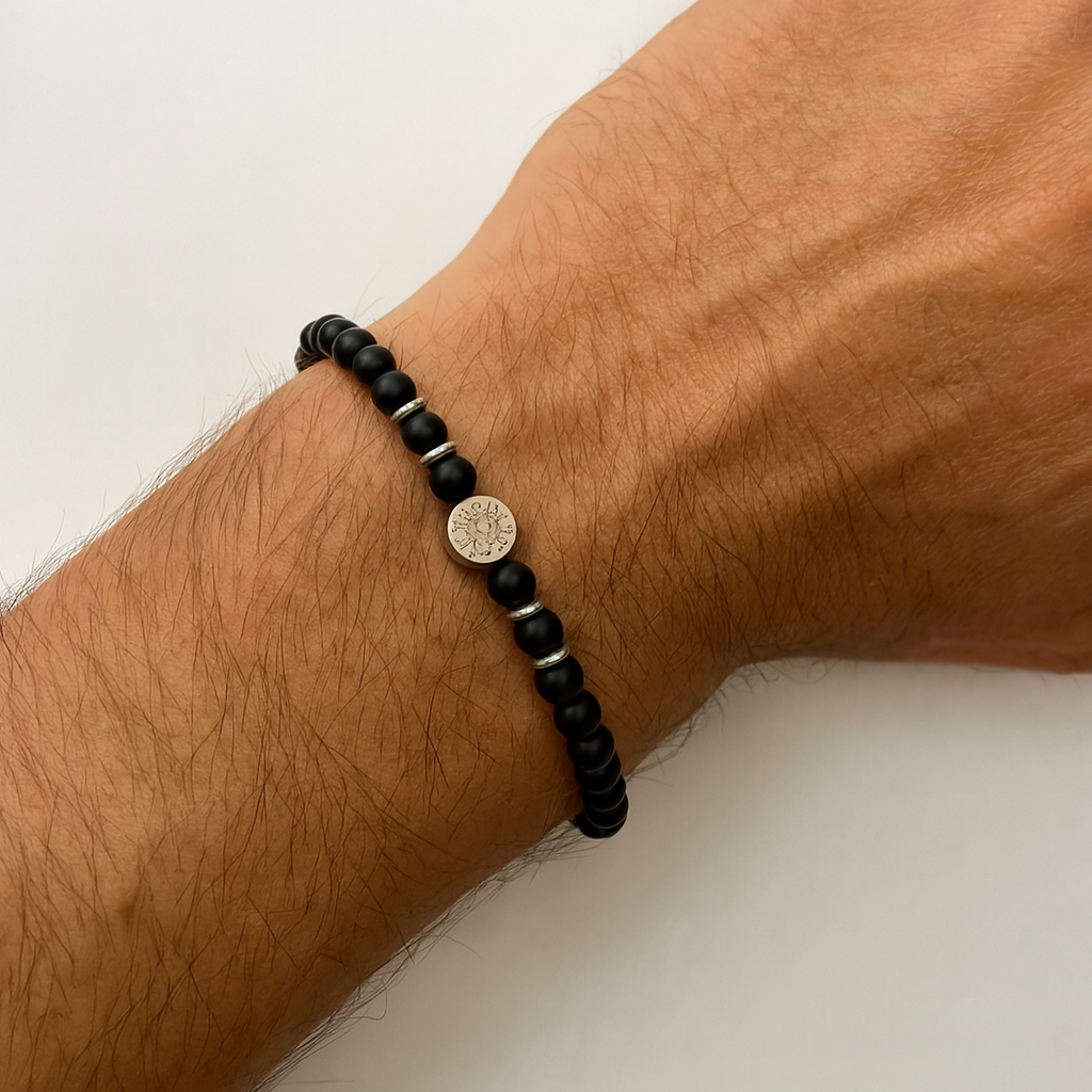 Bracelet Homme Onyx Noir Mat & Acier Inoxydable – Charm Oeil Protecteur