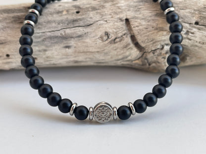 Bracelet Homme Onyx Noir Mat & Acier Inoxydable – Charm Oeil Protecteur