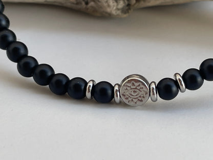 Bracelet Homme Onyx Noir Mat & Acier Inoxydable – Charm Oeil Protecteur