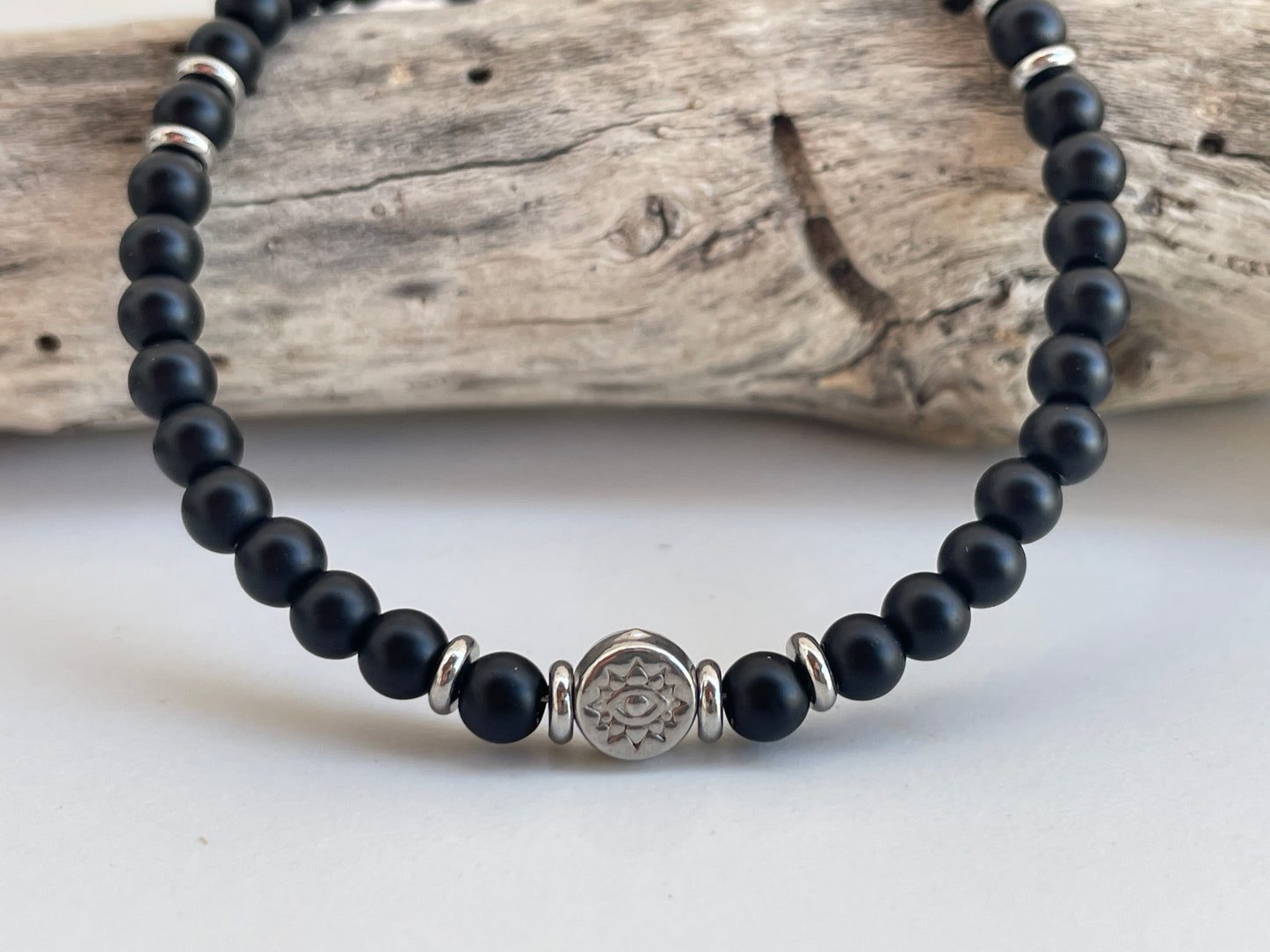 Bracelet Homme Onyx Noir Mat & Acier Inoxydable – Charm Oeil Protecteur