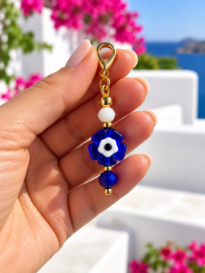 Blue Evil Eye Flower Bag Charm – Greek Inspired Bag Accessory – Handmade Gift