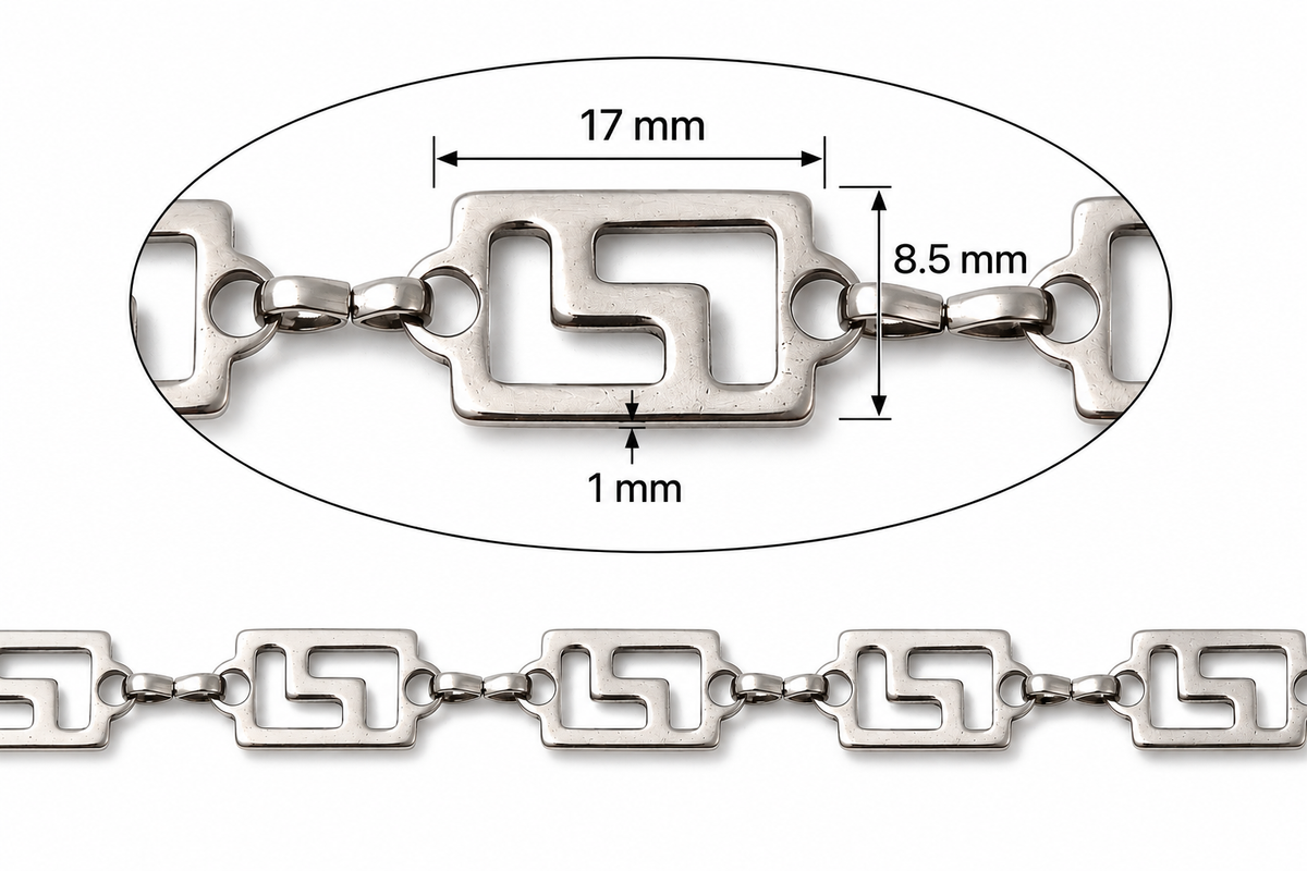 Silver-toned metal chain link with a geometric openwork design, shown with a close-up inset indicating dimensions: 17 mm width, 8.5 mm height, and 1 mm link spacing.